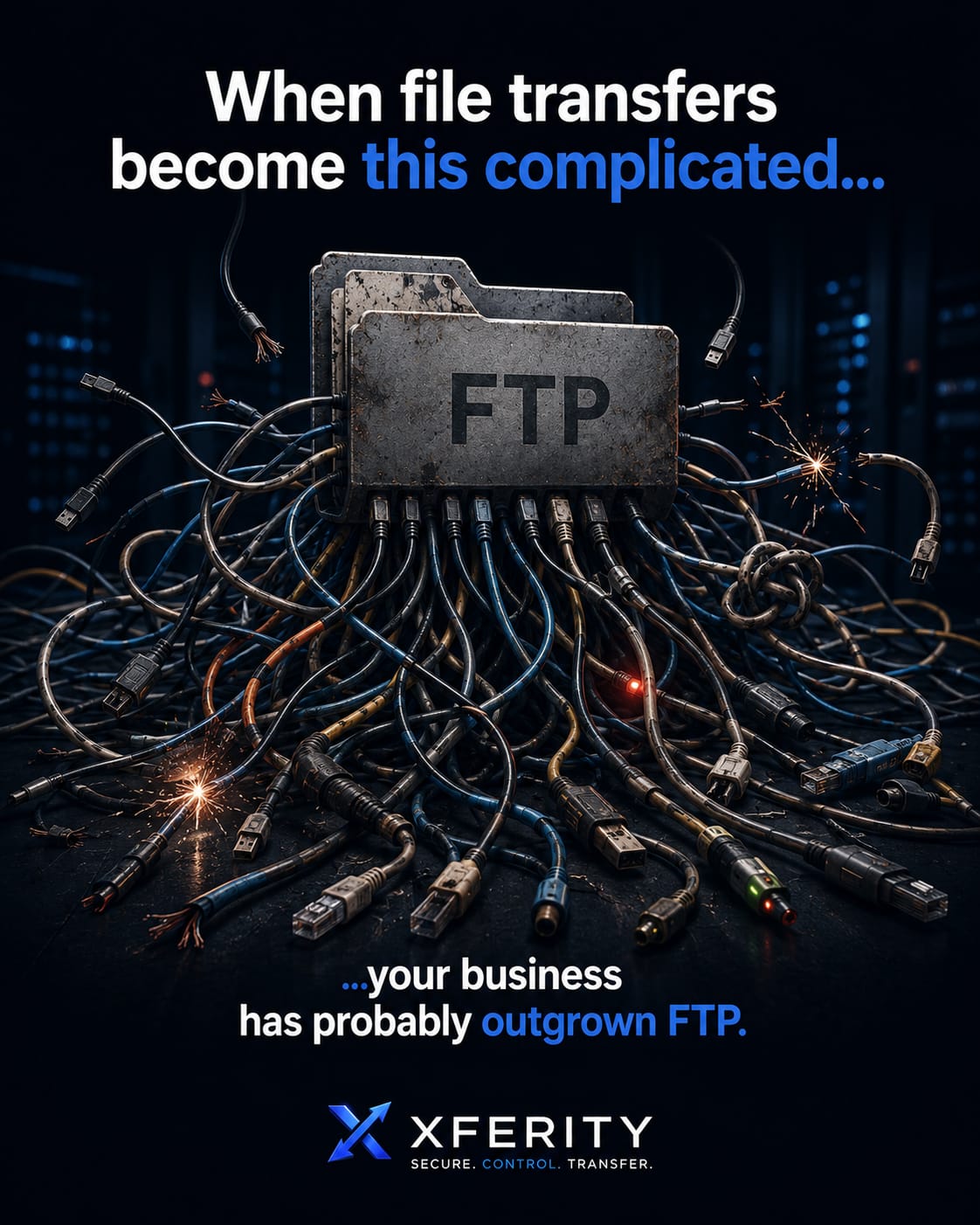 Enterprise file transfer dashboard showing FTP replacement signals across partners, audits, and security controls