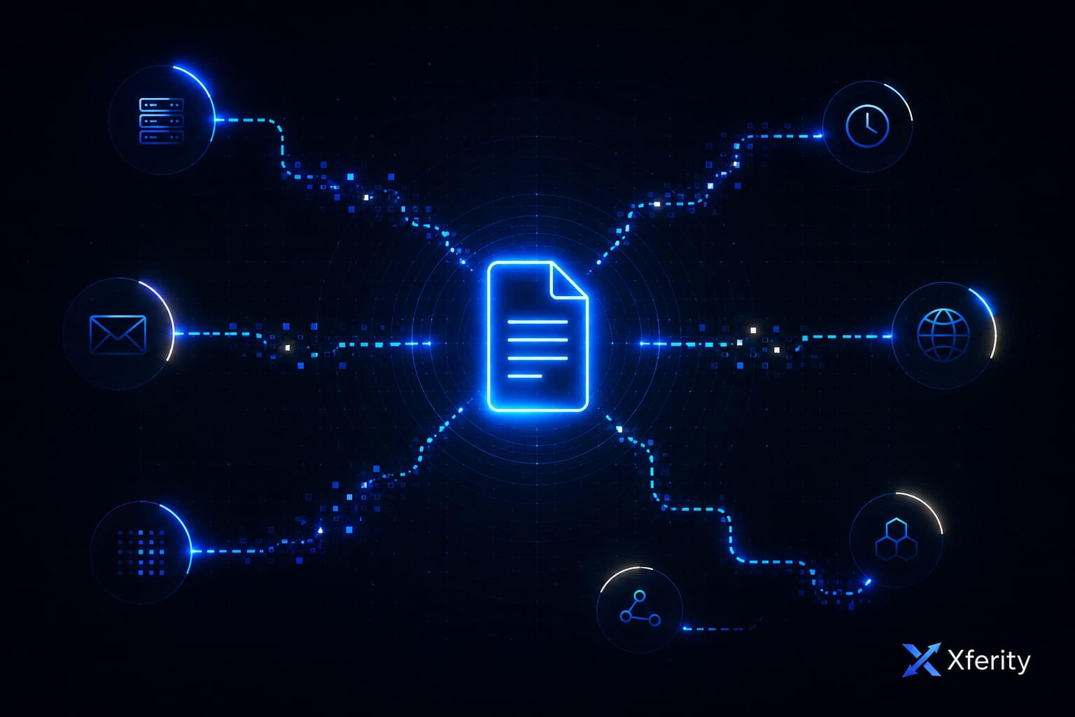 Audit trail and file transfer visibility illustration showing evidence across systems