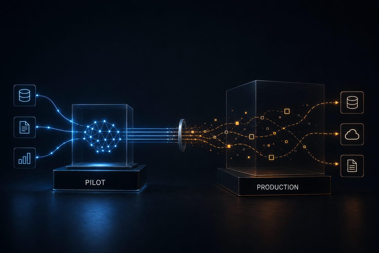 AI pilot project illustration showing a failed production data path and secure file transfer controls